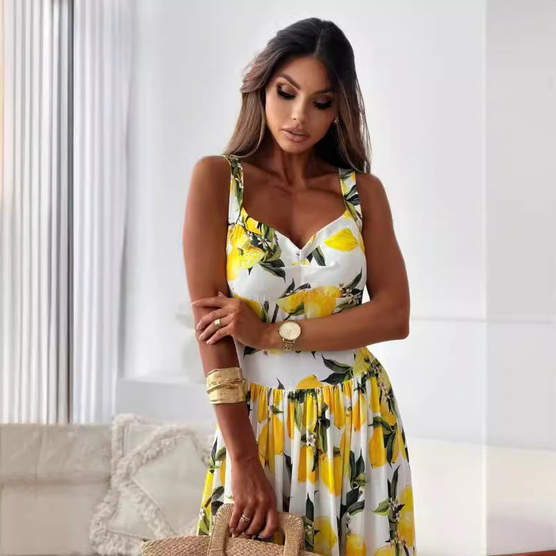 đNĆi elegĂĄns citrom nyomtatĂĄs Spagetti pĂĄntos Flowy hosszĂș ruha