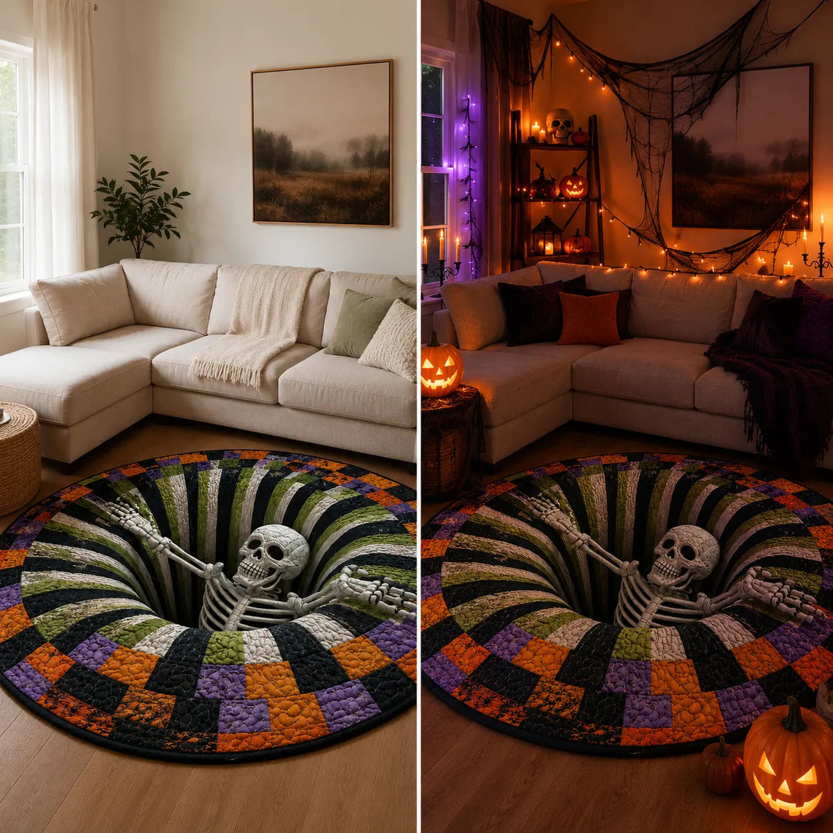 🔥Utolsó akció🎃Steppelt kerek halloweeni szőnyeg 3D csontvázzal és örvénnyel
