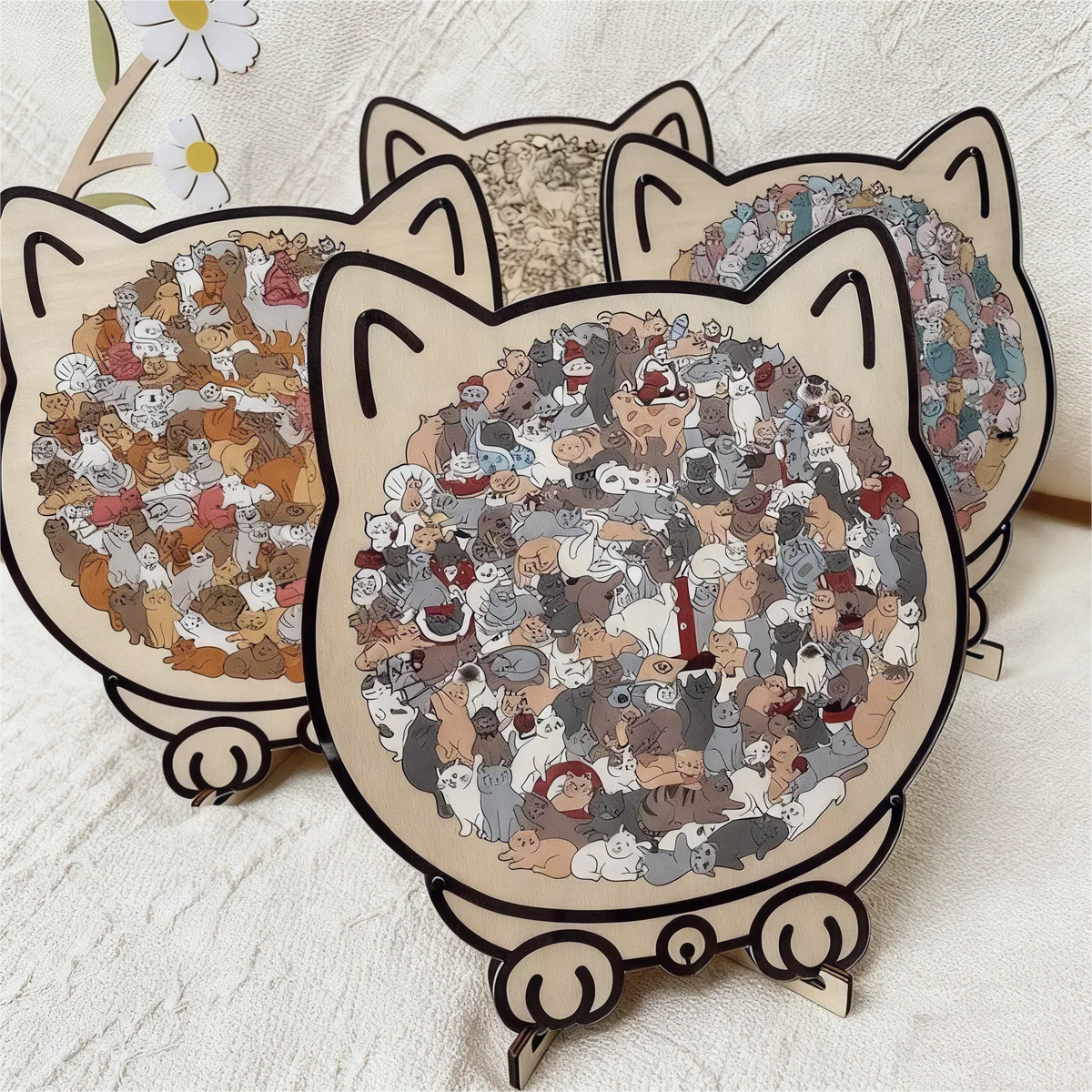 🎅🎄Fából készült macska alakú kirakó, 135 darabos, Morandi színekben🐱🎁