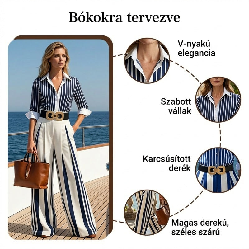 ⏳Időkorlátozott akció⏰Női csíkos póló és széles szárú nadrág 2 részes szett