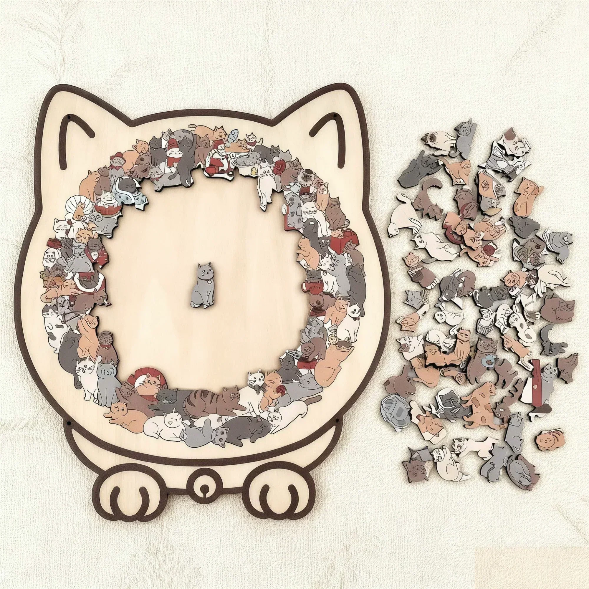 🎅🎄Fából készült macska alakú kirakó, 135 darabos, Morandi színekben🐱🎁
