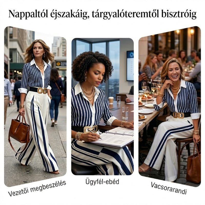 ⏳Időkorlátozott akció⏰Női csíkos póló és széles szárú nadrág 2 részes szett