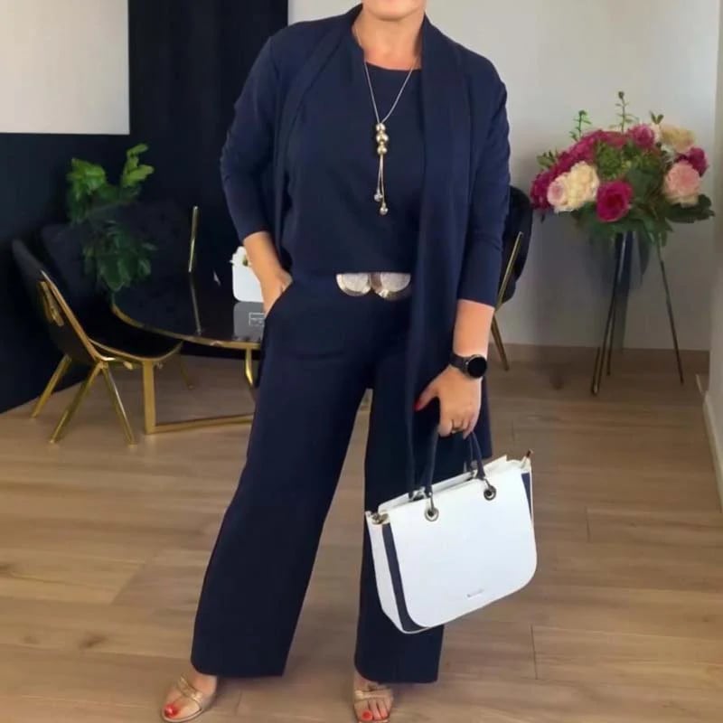 ⏳Különleges, korlátozott ideig érvényes ajánlat⏰Elegáns, 3 részes szett, amely hosszú kardigánt, felsőt és nadrágot tartalmaz💞