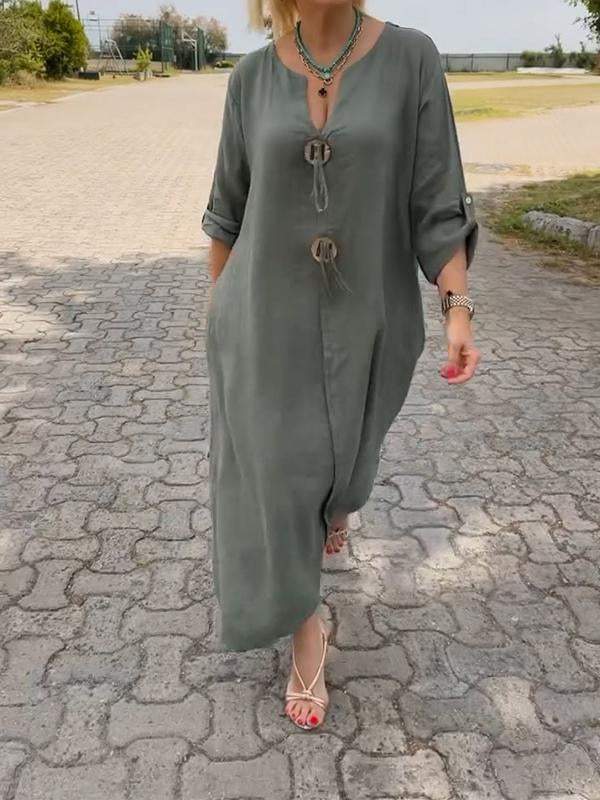 🎁👗Pamut és lenvászon V-nyakú ruha