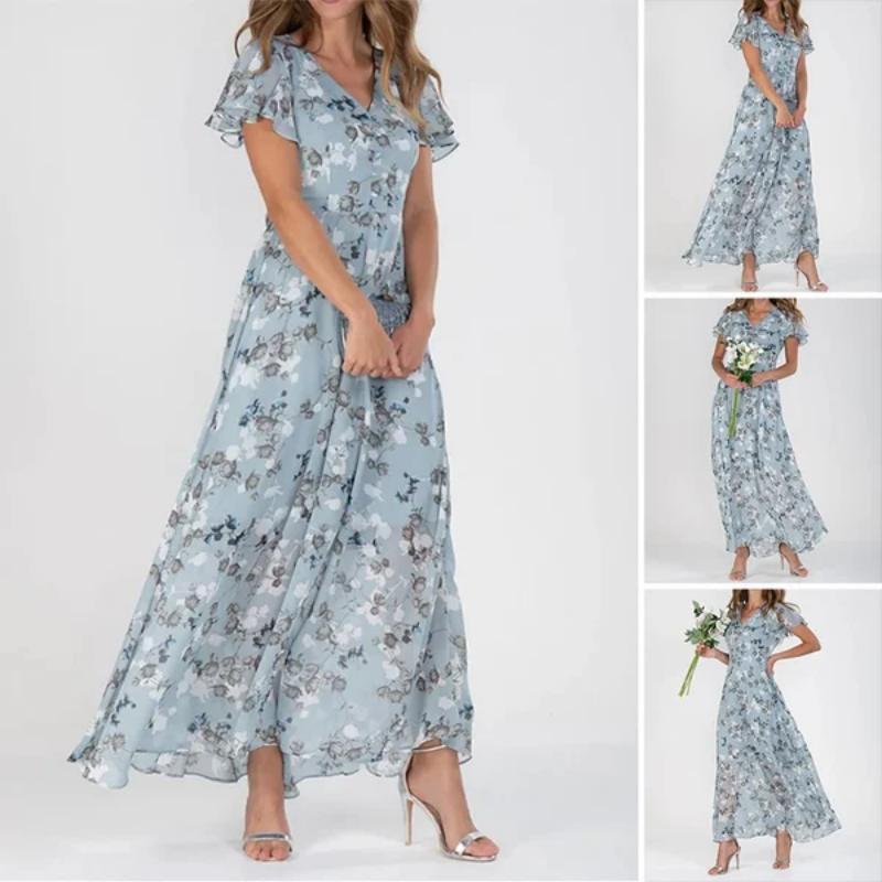 🌸 Könnyű, rövid ujjú, virágmintás maxiruha【M-3XL】