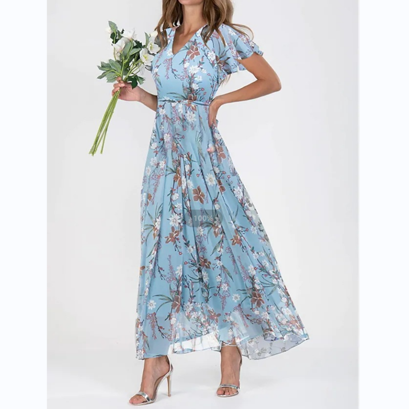 🌸 Könnyű, rövid ujjú, virágmintás maxiruha【M-3XL】