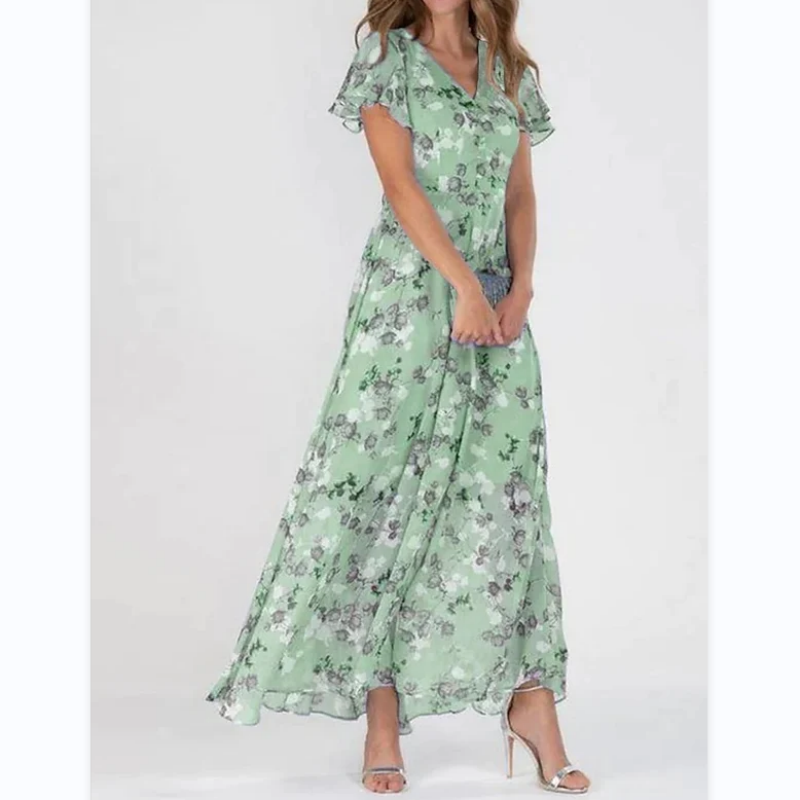 🌸 Könnyű, rövid ujjú, virágmintás maxiruha【M-3XL】