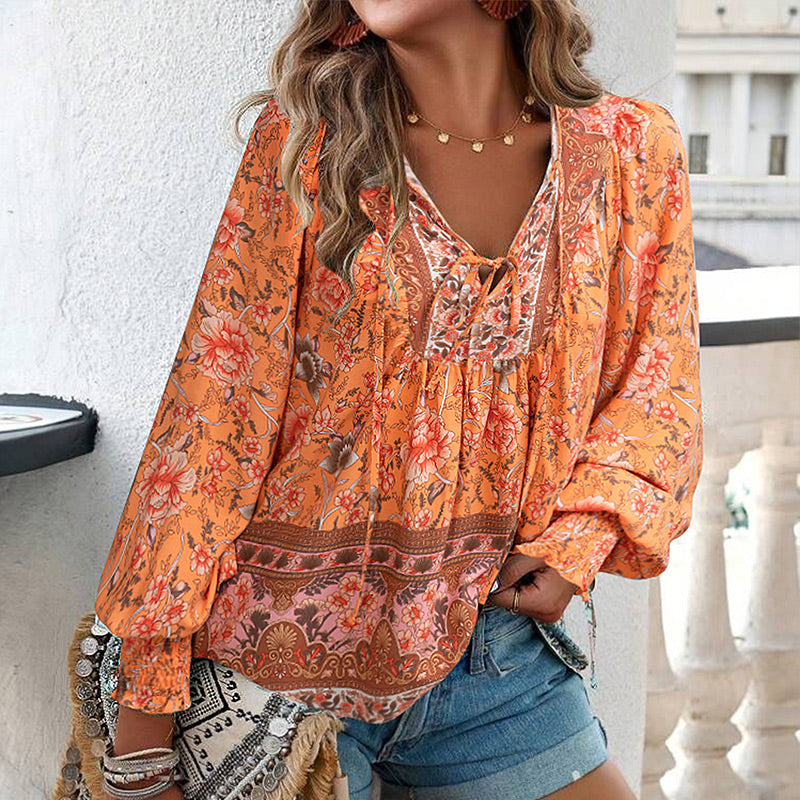 【S-2XL】🌺Női divatos, hosszú ujjú, nyomtatott V-nyakú ing