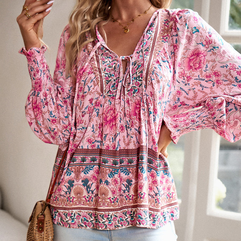 【S-2XL】🌺Női divatos, hosszú ujjú, nyomtatott V-nyakú ing