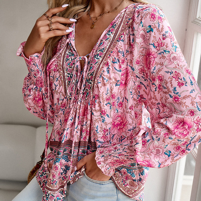 【S-2XL】🌺Női divatos, hosszú ujjú, nyomtatott V-nyakú ing
