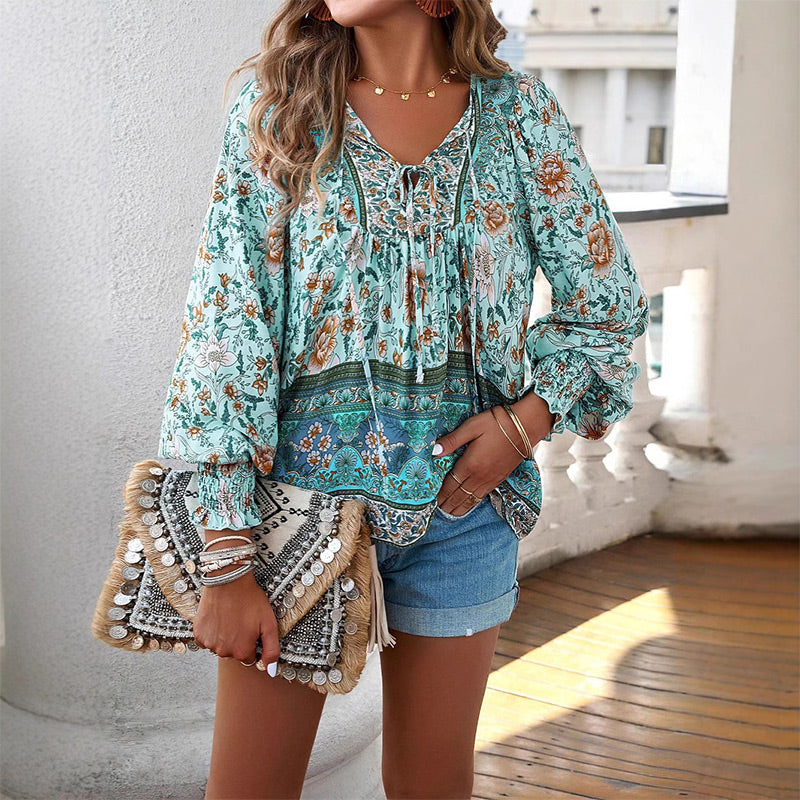 【S-2XL】🌺Női divatos, hosszú ujjú, nyomtatott V-nyakú ing