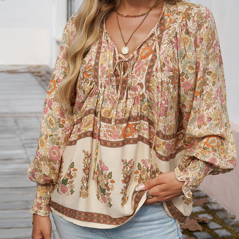 【S-2XL】🌺Női divatos, hosszú ujjú, nyomtatott V-nyakú ing