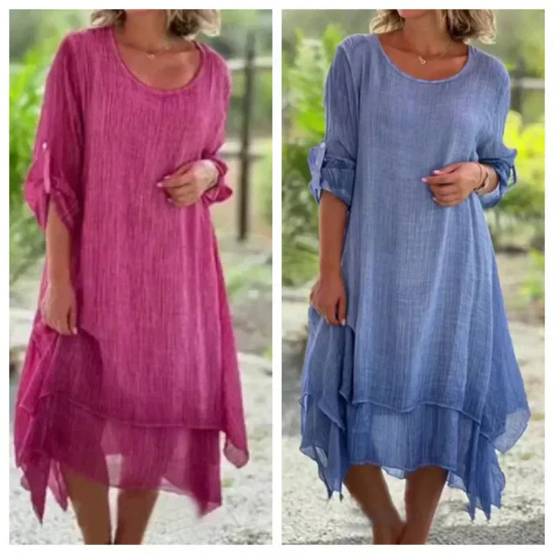 💕Női elegáns egyszínű egyszínű kerek nyakú laza illeszkedő ruha