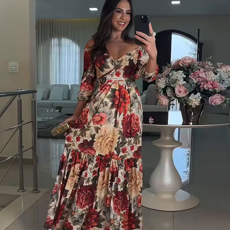💃Riszírozott V-nyakú, virágos női ruhák