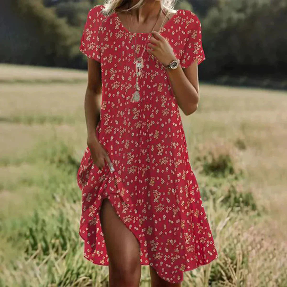 🌸Elegáns zöld, rövid ujjú, midi ruha pöttyökkel
