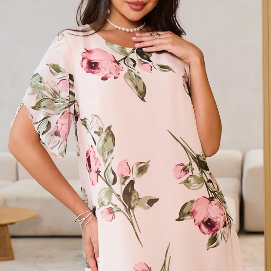 FORRÓ 50% 👗 Pirosas, Sziromszirmos, Világos Sifon Ruha