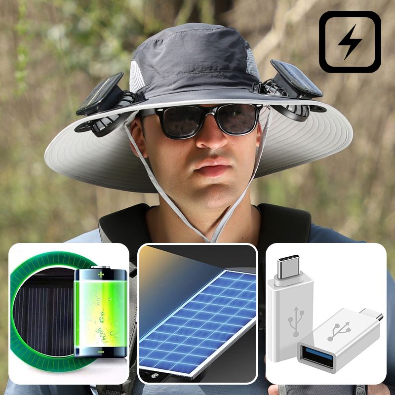 Férfi horgászkalap 2 levehető napelemes ventilátorral