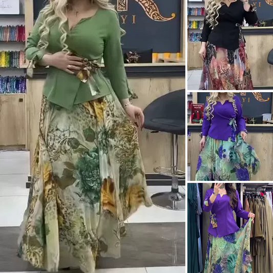💜Elegáns felső és szoknya virágmotívumokkal, kétrészes szett