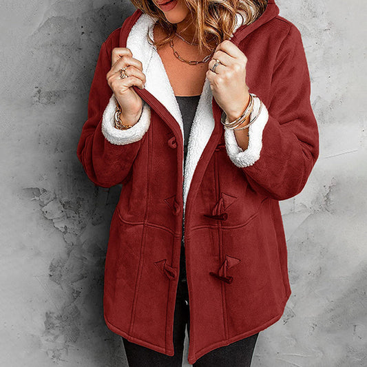 ❄️ Nők Kapucnis Suede Kabát Plüss Béleléssel 🧥💕