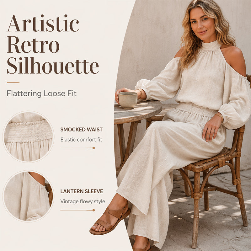 🌸 Női vállkivágásos, nyakba akasztható felső és széles szárú nadrág szett – Boho elegancia & lenvászon-szerű légáteresztő képesség ✨
