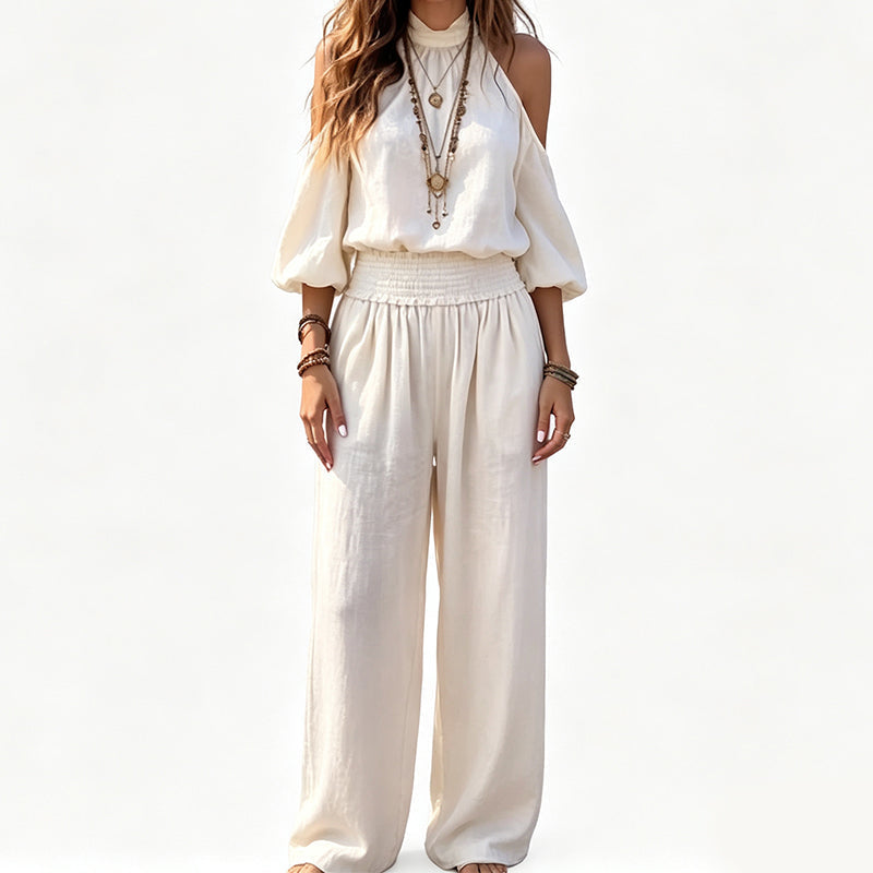 🌸 Női vállkivágásos, nyakba akasztható felső és széles szárú nadrág szett – Boho elegancia & lenvászon-szerű légáteresztő képesség ✨